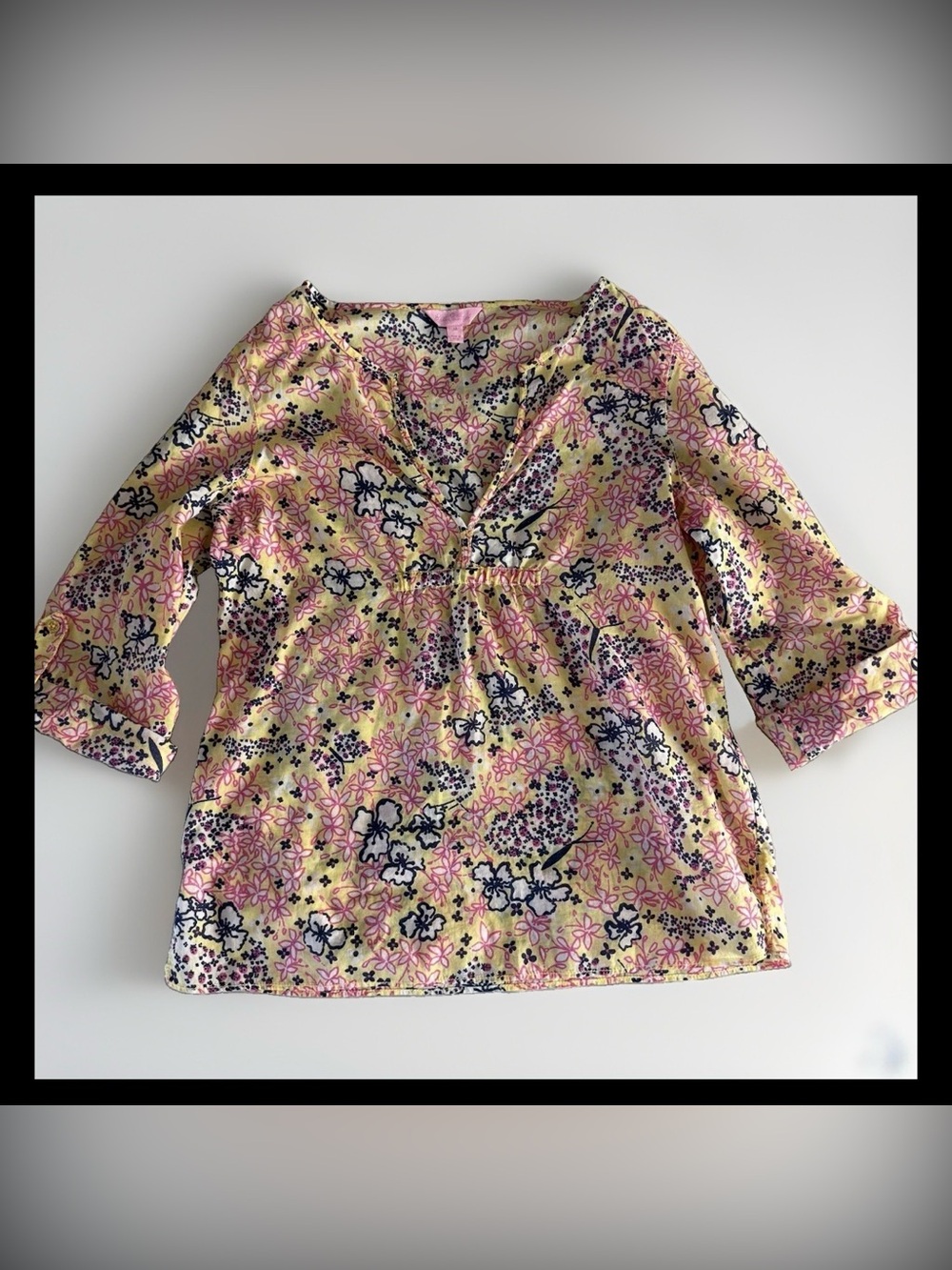 Lilly Pulitzer M Pink Yellow Floral V-Neck Tunic Top
